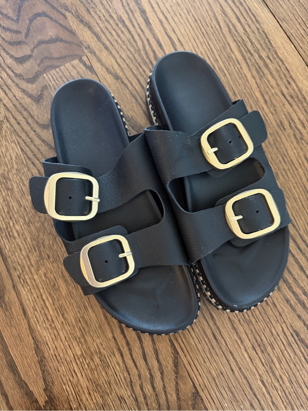Black Double-Buckle Slide Sandals with Gold Buckles